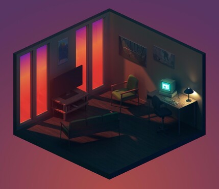 Living room isometric view at dusk