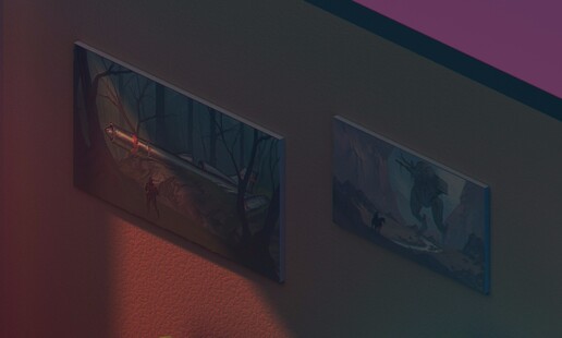 Closeup of pictures on the wall. One shows a crashed aircraft of some sort in the woods with a person walking in front. Second shows a giant robot and a cowboy on a horse