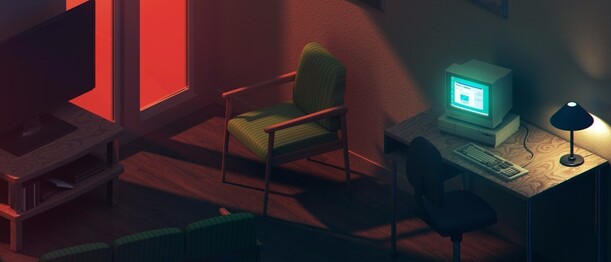 TV, chair, and computer table closeup