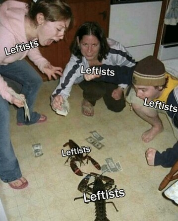 Three kids are gathered around two lobsters, apparently egging them on to fight. There are dollar notes scattered around the lobsters. Each of the kids is labeled "leftists". The lobsters are also both labeled "leftists"