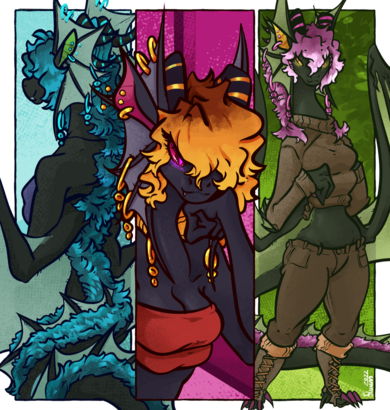 behind, side, and front views of a big nonbinary dragon