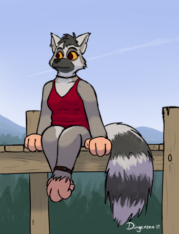 Drawing of a female lemur in a red swimsuit, sitting on a pier at a lake, looking into the distance