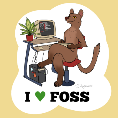 Drawing of a Fossa sitting at a desk, smiling at the viewer. On the desk there is a computer displaying a neofetch console output with the debian logo. The Fossa is leaning back, holding a keyboard on it's lap. The text below the drawing says "I Heart FOSS" in bold letters.