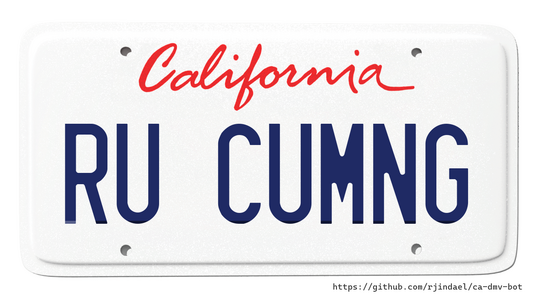 California license plate with text "RU CUMNG".