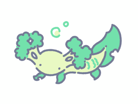 art of a green cartoon axolotl with leaves for limbs and tail and broccoli for external gills