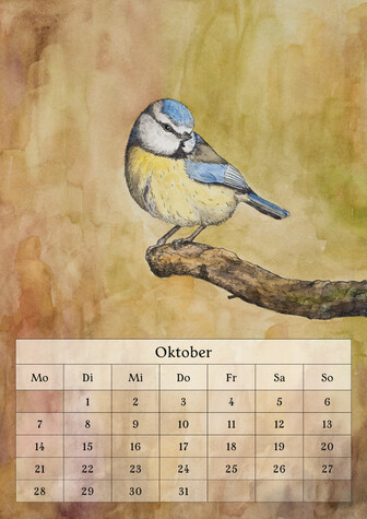 October page of the calendar with a blue tit painting