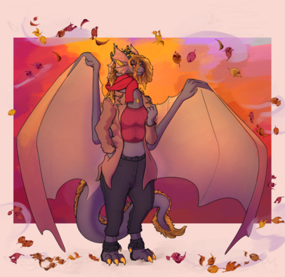 tall dark-scaled anthro dragon with a brown and gold mane wearing a long brown coat,  red tube top sweater, and black jeans, as well as a red scarf. leaves blow in the wind around the frame