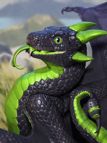 A small wyvern with black scales, lime-green belly plates and accents, and snakelike features sticks his tongue out while looking sidelong at the viewer. He has a stinger on his tail similar to that of a scorpion.