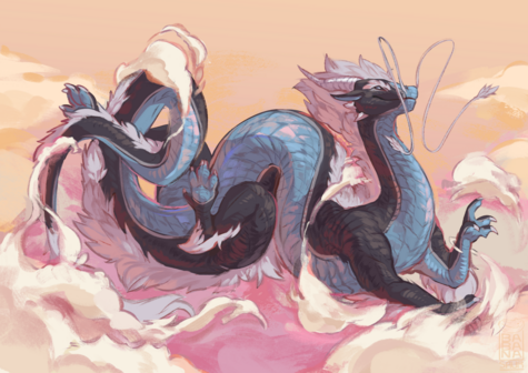 a long slender dragon twisting in the clouds