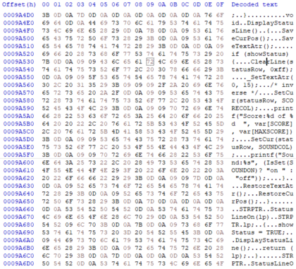 Raw sector data showing some C source code.