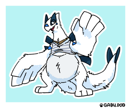 Gabu as a Lugia, wearing a grey striped shirt thats too small for his big belly.
