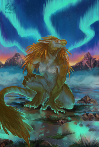 a sun colored werebird arvian looking up at a coming dawn and aurora borealis, kneeling down at a damp ground where the sky reflects