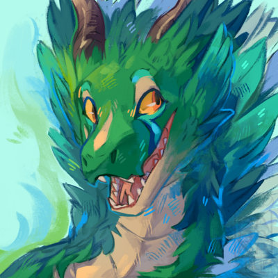 A rendered green dragon smiling at the viewer