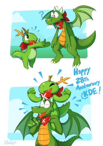 Part 1: both Konqis meeting for the first time, old Konqi (right) seems a bit confused at first

Part 2: new Konqi riding on top of old Konqi, laughing together.

Text in the middle says "Happy 28th Anniversary KDE!"