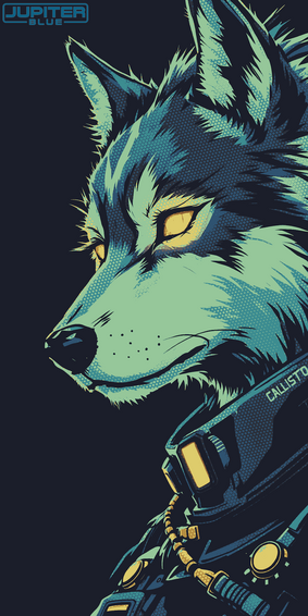 Portrait, bust of an anthropomorphic wolf with glowing eyes, tones of blue and yellow, wearing a sci-fi uiniform labelled "CALLISTO".

Concept art, generated with Freepik Flux Pro (or Mystic), manually processed colors, manual detailing and retouching