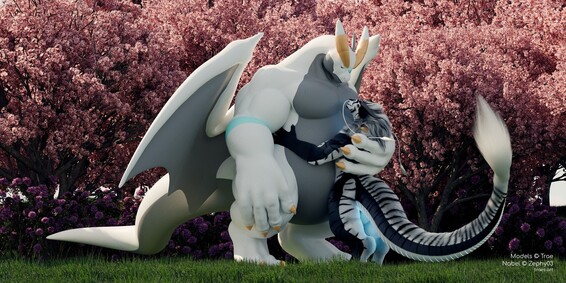 Rendered scene of two bipedal dragons, one appearing much larger than the other, sharing an embrace while they are in a forest of cherry blossoms in full bloom.