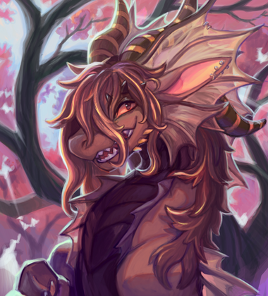 artfully painted bust of a dragon in front of a blooming cherry tree