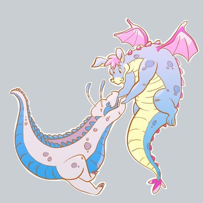 Digital drawing of a space gator and a dragon dancing on a light grey background. The space gator is white with a blue underbelly, and is dancing on the ground on the left side of the drawing. The dragon (light blue scales with a light yellow underbelly, and pink wings, hair, and back ridges) is hovering above the ground on the right side of the picture, holding hands with the space gator.