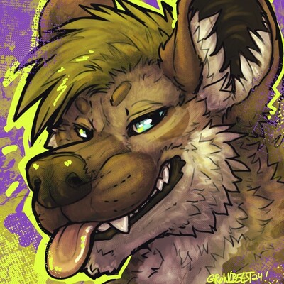 An anthropomorphic hyena character smiling and sticking his tongue out at the viewer with a sly expression. Artwork by growlbeast for zhodir