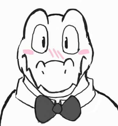 A mostly black and white doodle of an alligator named Relish. He is pictured from the front, from the bust up, and is blushing really hard like someone just told him something that could get that sort of reaction out of him. The blush marks are colored in pink. He wears a bowtie and a collared button-up shirt.