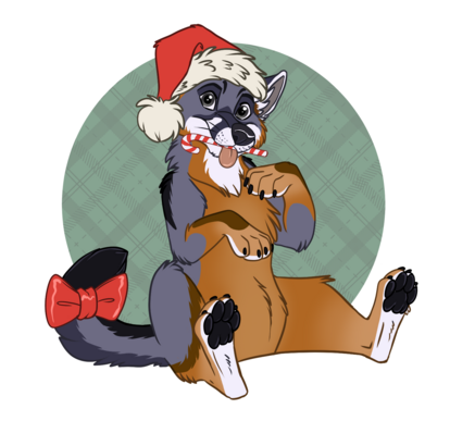 Grey fox with a santa had and bow holding a candy cane in mouth