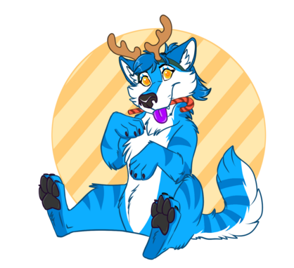 Blue striped wolf wearing reindeer antlers and holding candy cane