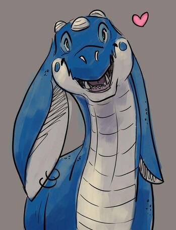 Digital sketch of a blue drake (or wingless dragon, if you prefer that) with a white underside on a mid-tone grey background. She's looking towards the viewer smiling and there is a pink heart floating next to her head. She has long floppy ears that hang next to her head, a single small blue circle on each cheek, green eyes, and three nubby horns on top of her head.