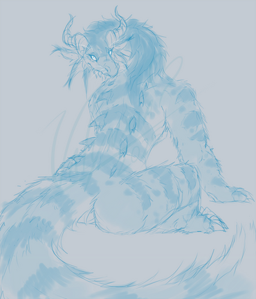 A shapeshifter, as a mix of charr and dragon, turning their head and looking behind them while they're sitting down