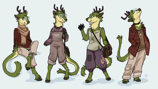 four sketches of mossweaver the deerbold in different outfit

in first they're wearing an ochre poncho and a scarf.
in the second a purple sweater and lavender overalls.
the third one is a grey tank top and a pair of loose purple trousers.
the last outfit is cargo pants and a red jacket.