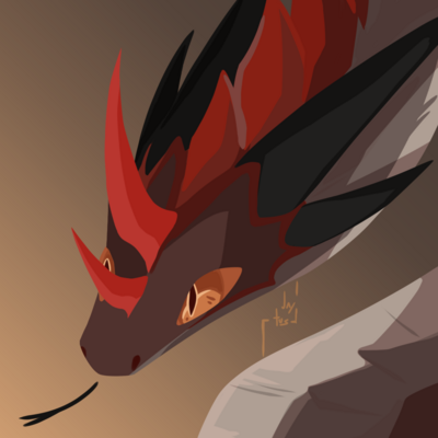 digital lineless drawing of a snakelike character looking into the distance with its tongue flicking over a sandy brown background. it has a large, curved red horns in the middle of its head; two long, pointed black horns on each side; and down its neck are pointed red scales that make spikes. its main colour is brown, and its underside is light brown, its eyes are a striking orange.
