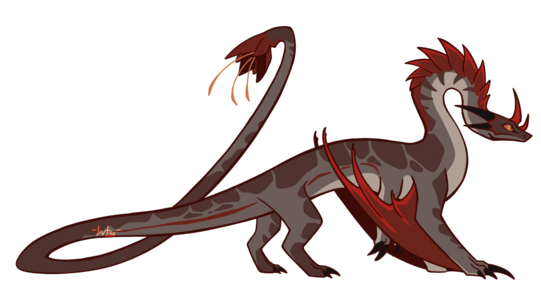 digital drawing of a dragon character with snakelike features over a transparent background. it has a large, curved red horns in the middle of its head; two long, pointed black horns on each side; and down its neck are pointed red scales that make spikes. it has six legs: the front legs have red winglike structures behind them, the middle legs are short and seem vestigial, and the back legs are short. it had a very long tail with a structure that looks like a flower on the end. its main colour is brown, and its underside is light brown, its eyes are a striking orange.