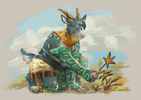 A goat person reaching down to a flower