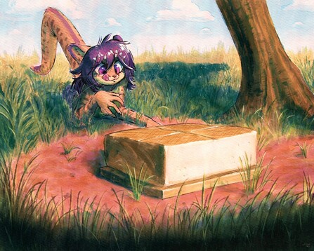 A watercolour-style and very vivid painting of Ticky, the cheetah-spotted dracat, on the prowl in long grass near a tree, licking her lips as she stalks a comically oversized slab of tofu in a clearing.