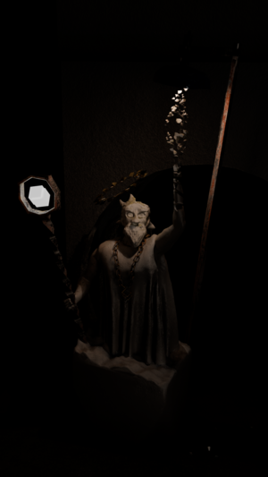 Front view of my model, with the light turned way down. Statue of a man, looking a bit angry, holding a staff with two intersecting cubes, his hand disintegrating.