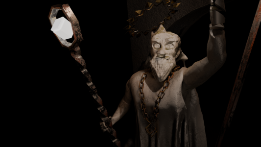Front view of my model, closeup, light turned up. Statue of a man, looking a bit angry, holding a staff with two intersecting cubes, his hand disintegrating.