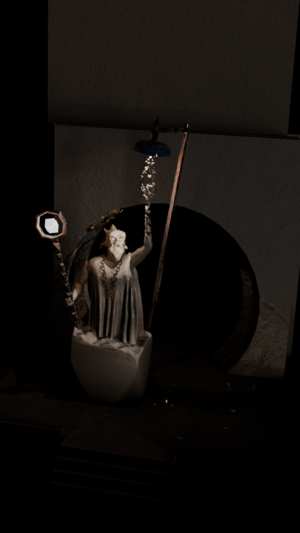 Front view of my model, with the light turned up. Statue of a man, looking a bit angry, holding a staff with two intersecting cubes, his hand disintegrating. His hand is going towards a streetlamp. The iron is rusty.