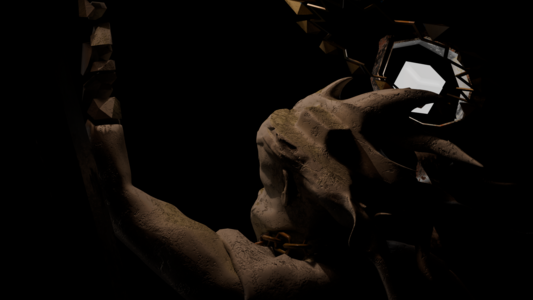 Back view of my model. Statue of a man, looking a bit angry, holding a staff with two intersecting cubes, his hand disintegrating. There's a gold crown on his head, and his head is partially open, revealing a cube.