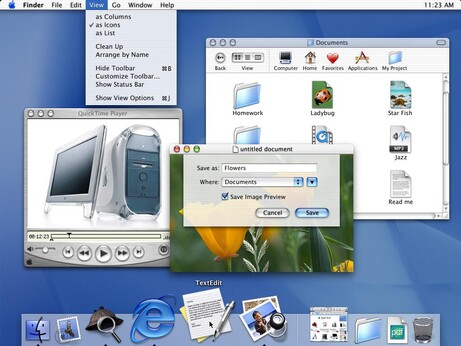 Marketing screenshot of Mac OS X 10.0 with Preview, QuickTime and Finder