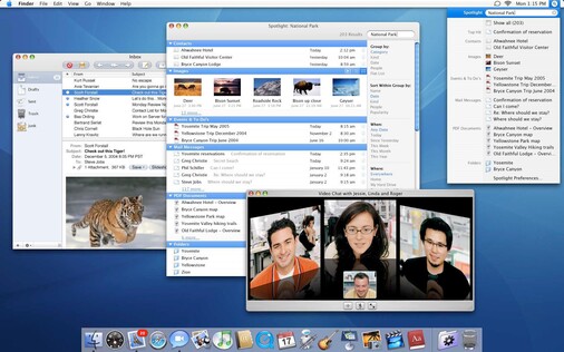 Marketing screenshot of Mac OS X v10.4 Tiger with Mail, Spotlight and iChat AV onscreen
