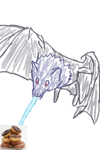 A silly drawover of a real bat, using my fursona colors. The bat is in flight, tongue sticking out very far. There is an uncropped square photo of a plate of donuts in the bottom right, that the bat is reaching its tongue towards.