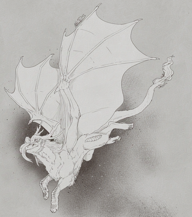 black and white drawing of a cat deer dragon flying