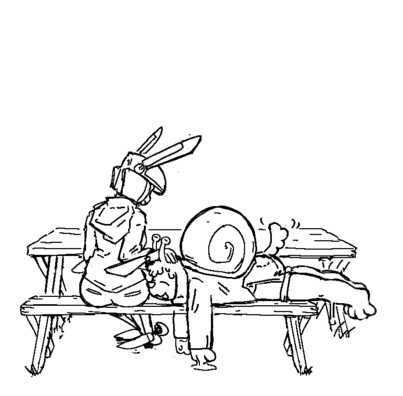 Haley (robot rabbit girl) petting Augie (snail puppy girl), who is laying down on a park bench looking happy. Digital line art sketch.