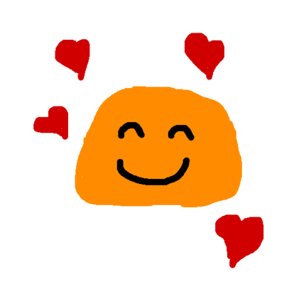 doodle: smiling orange blob with hearts floating around it