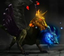 Two-headed vaguely-canine winged beast with a sorta mechanical look to it, one head reddish gold and flaming, the other head bluish silver and ice-flaming. Main body is bronzeish.