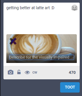 the image description UI is open in an example mastodon post about latte art