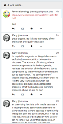the public timeline of hiveway; someone under the name "iKarly" has spammed the first chapter of the communist manifesto