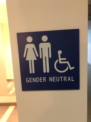 Gender neutral sign with a person with a dress, a person without, and a person in a wheelchair 