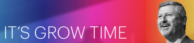 man awkwardly smiling next to the phrase, "it's grow time"