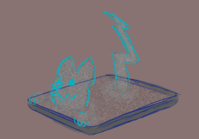 A tv-static textured creature peeking out of a smartphone screen