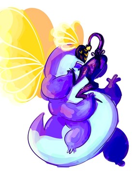 A purple space dragon with bright yellow glowing wings with their dark purple one eyed partner sitting on them. Both have yellow eyes but the space dragon has four which are on a black screen like face. If you are familiar with no mans sky it is somewhat like the Korvax’s faces